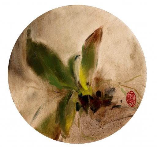Pau Ling Yap | Fioritura (right) | Oil on circular canvas | 31cm diameter | Sold as a pair with Fioritura (left) | £4000 for pair
